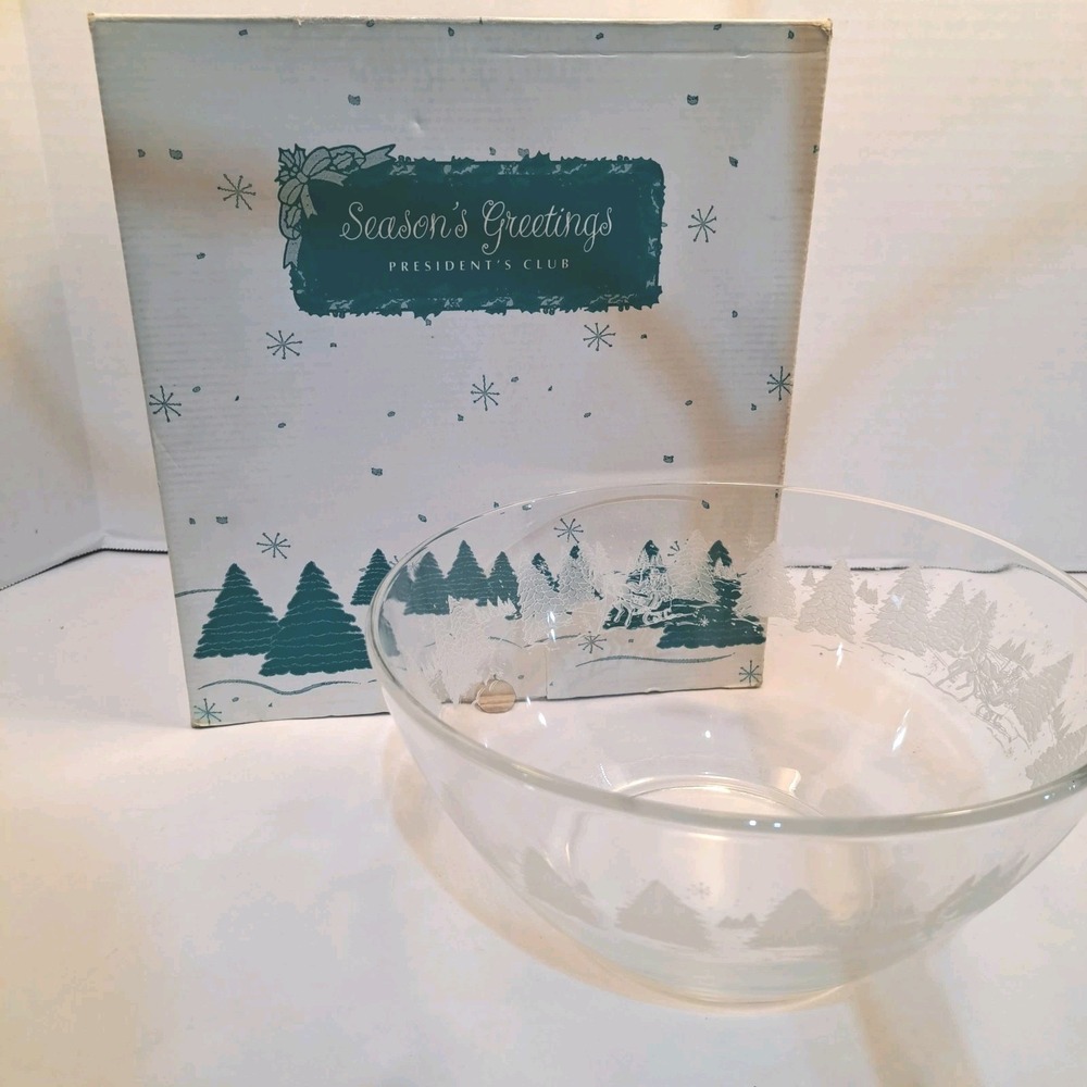 Vintage AVON Presidents Club Glass Holiday Bowl With Box- Sleigh and Tree Design